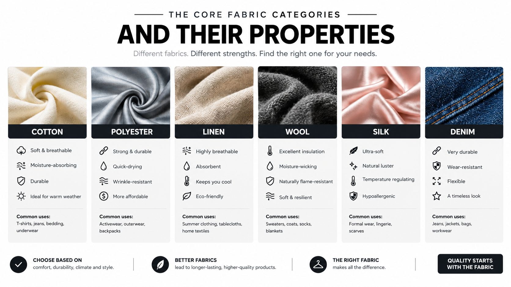 An infographic chart displaying six core fabric categories and their distinct properties, uses, and material benefits.