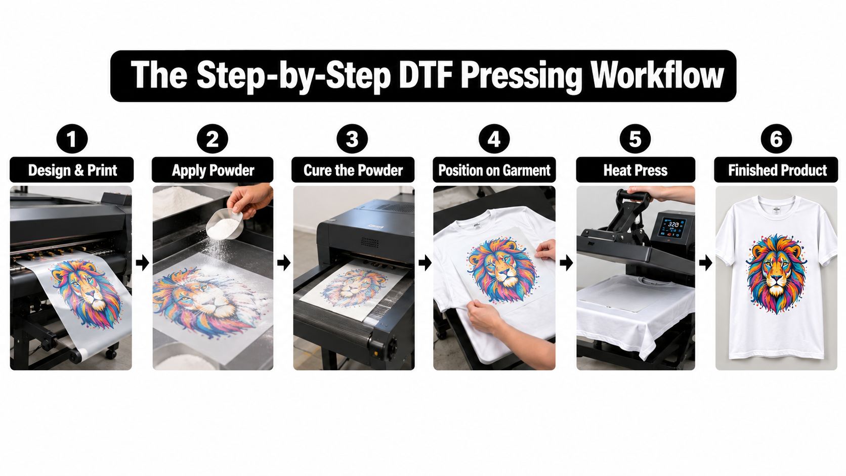 A six-step infographic demonstrating the direct-to-film printing process from initial design printing to the final pressed t-shirt.