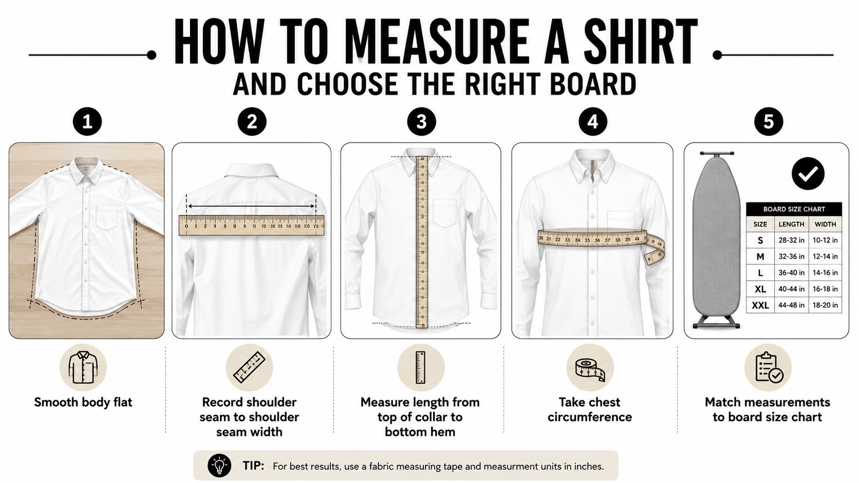 A five-step instructional guide on how to measure a shirt to choose the correct folding board size.