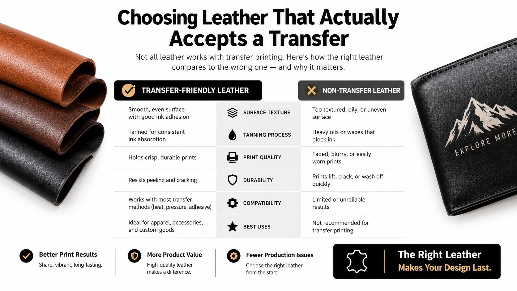 A comparison chart showing how to choose leather that is suitable for transfer printing and customization.