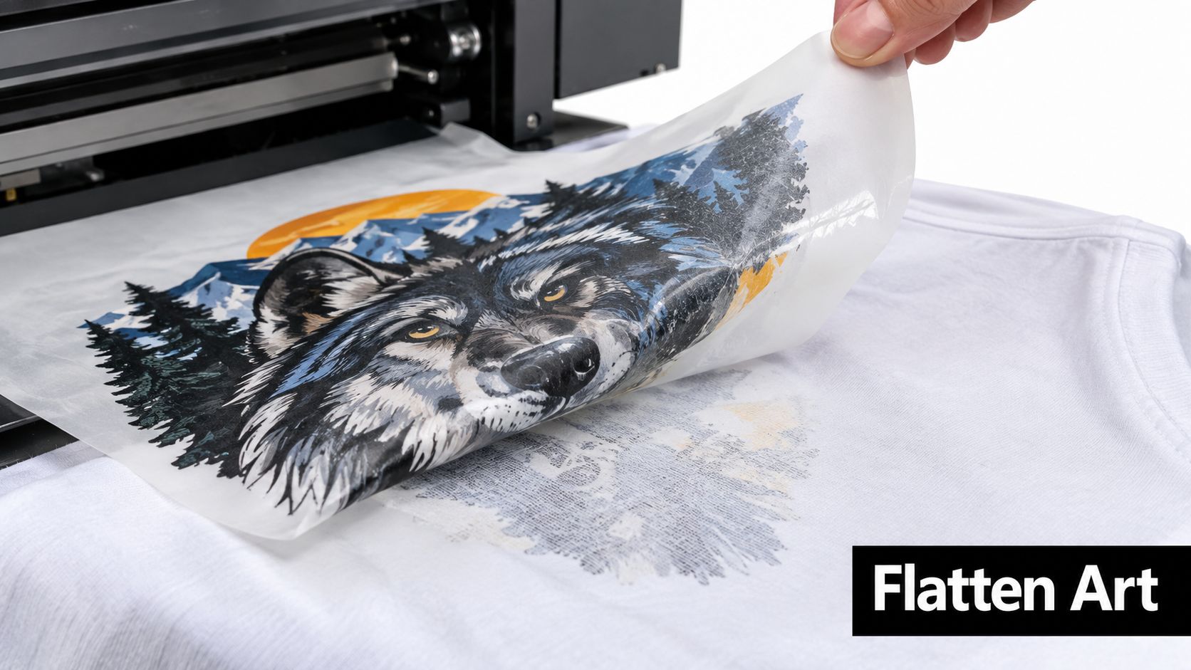 A close up view of a custom wolf design being peeled off a DTF transfer sheet onto a shirt.