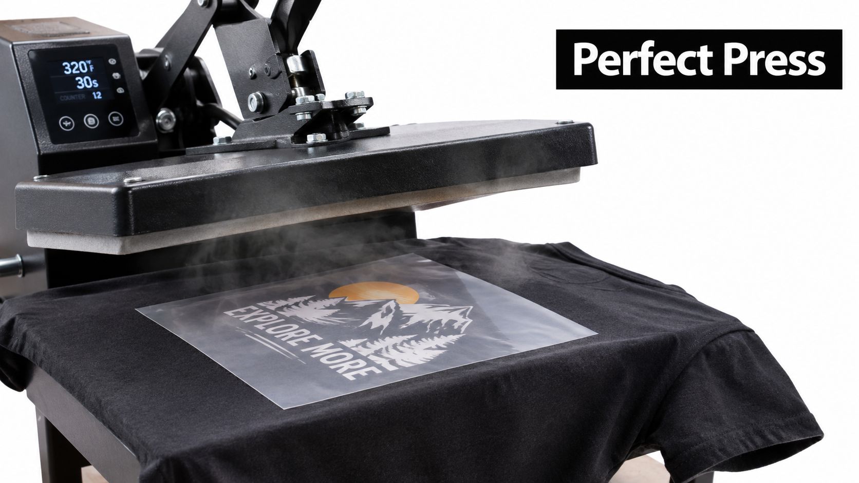 A professional heat press machine applying a custom graphic design to a plain black t-shirt.