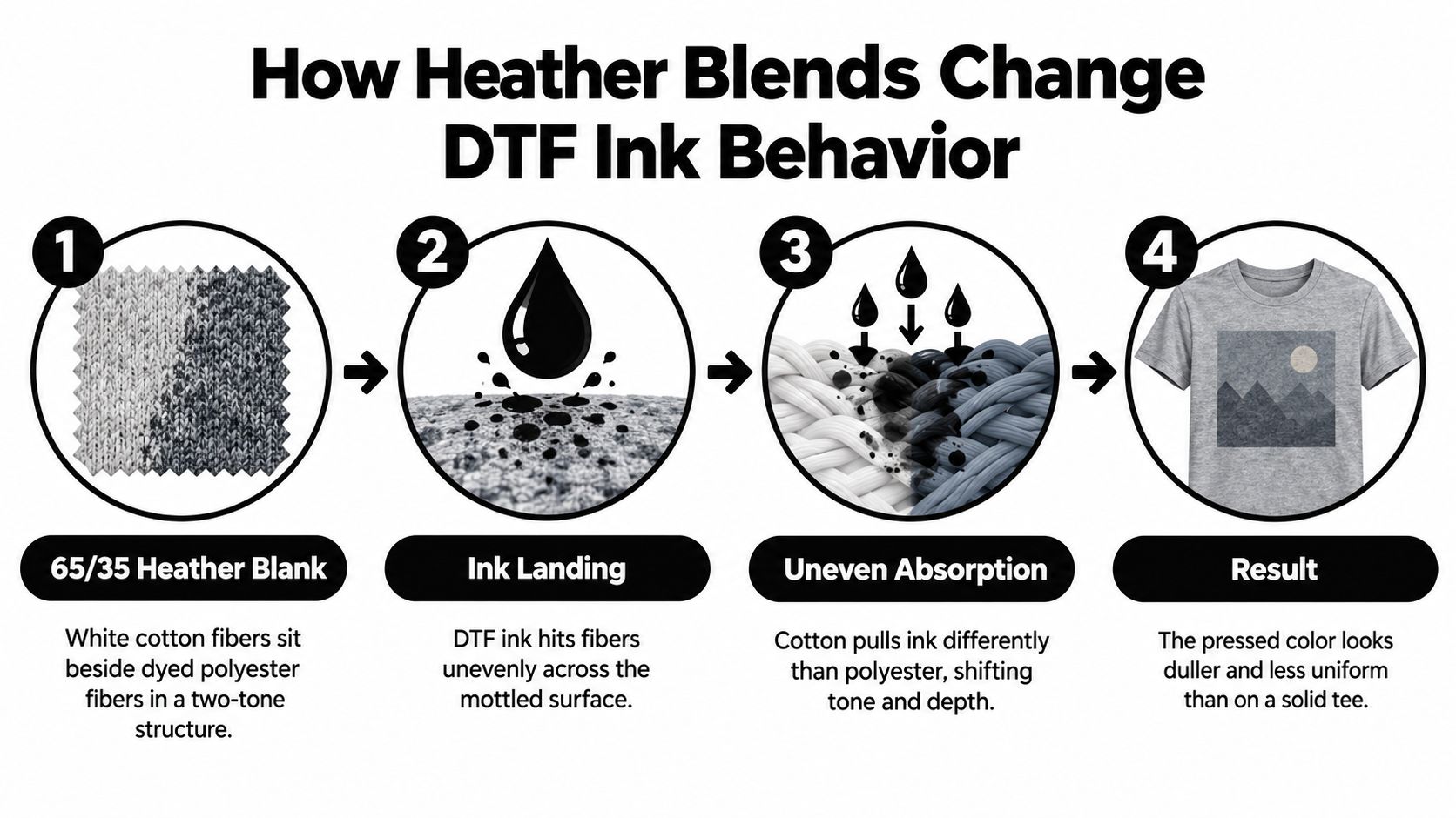 A four-step infographic illustrating how heather fabric blends affect DTF ink absorption and the final printed result.