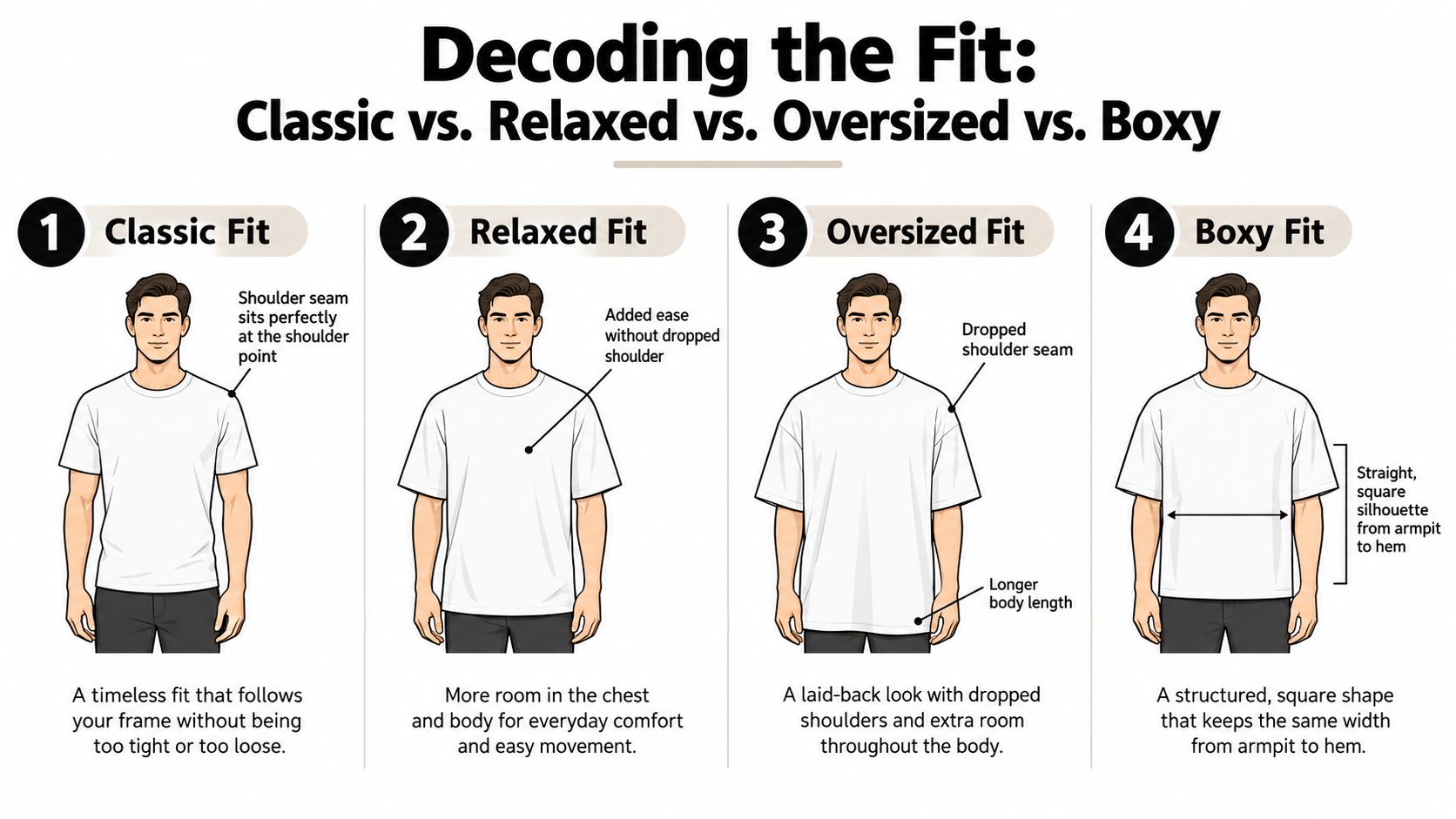 An infographic illustrating four distinct t-shirt fits for men including classic, relaxed, oversized, and boxy styles.