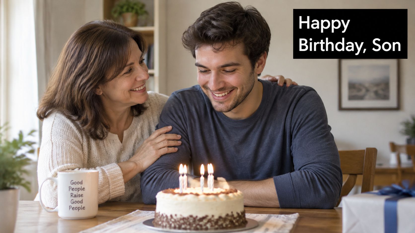 A happy mother smiles at her adult son as he looks down at his birthday cake.