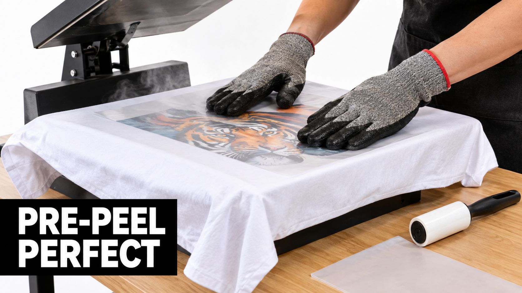 Person wearing protective gloves positioning a tiger print transfer onto a white t-shirt for heat pressing.