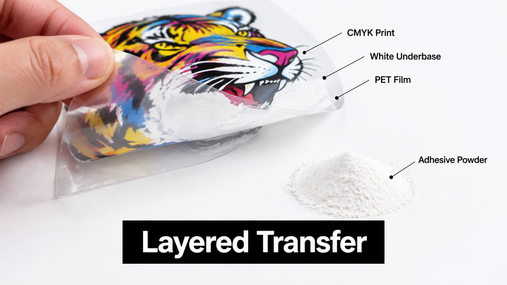 A hand peeling a printed tiger design from a clear PET film sheet beside adhesive powder.