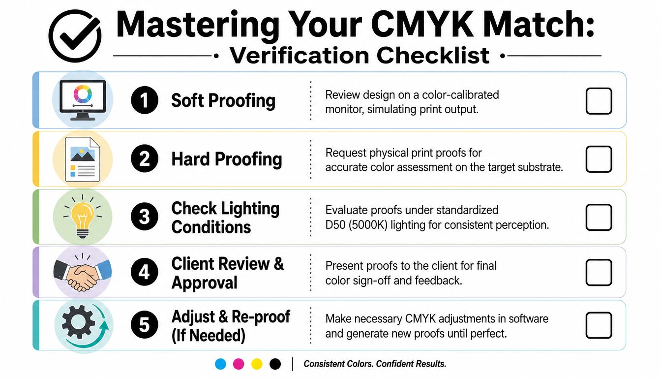 A five-step verification checklist for mastering CMYK color matching in professional printing workflows.