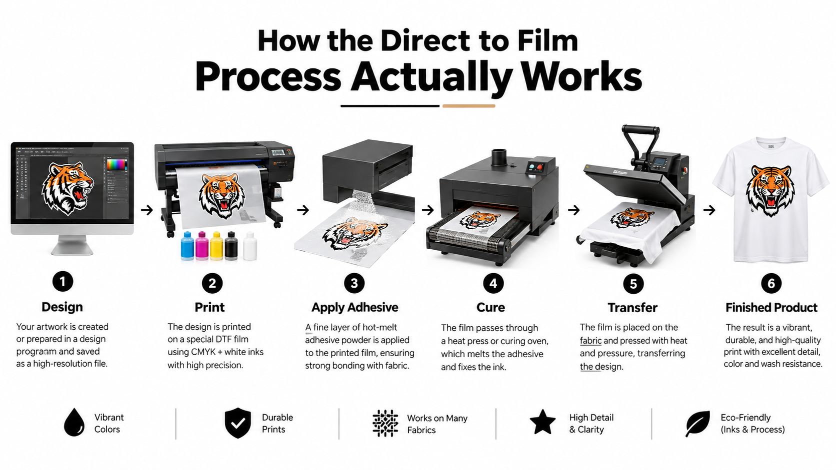 A step-by-step infographic illustrating the professional direct-to-film transfer printing process for custom t-shirt design production.