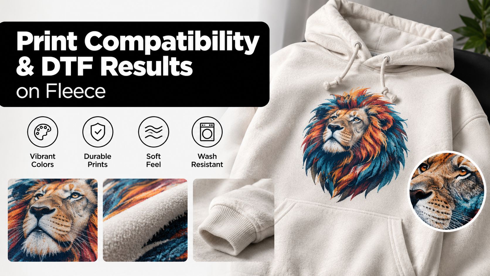 A cream-colored fleece hoodie featuring a vibrant lion print, highlighting DTF print compatibility and quality.