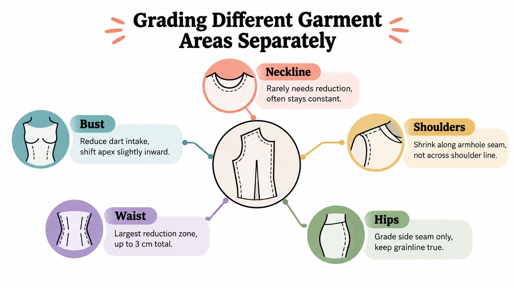 A diagram illustrating how to grade different garment areas including the bust, neckline, waist, shoulders, and hips.