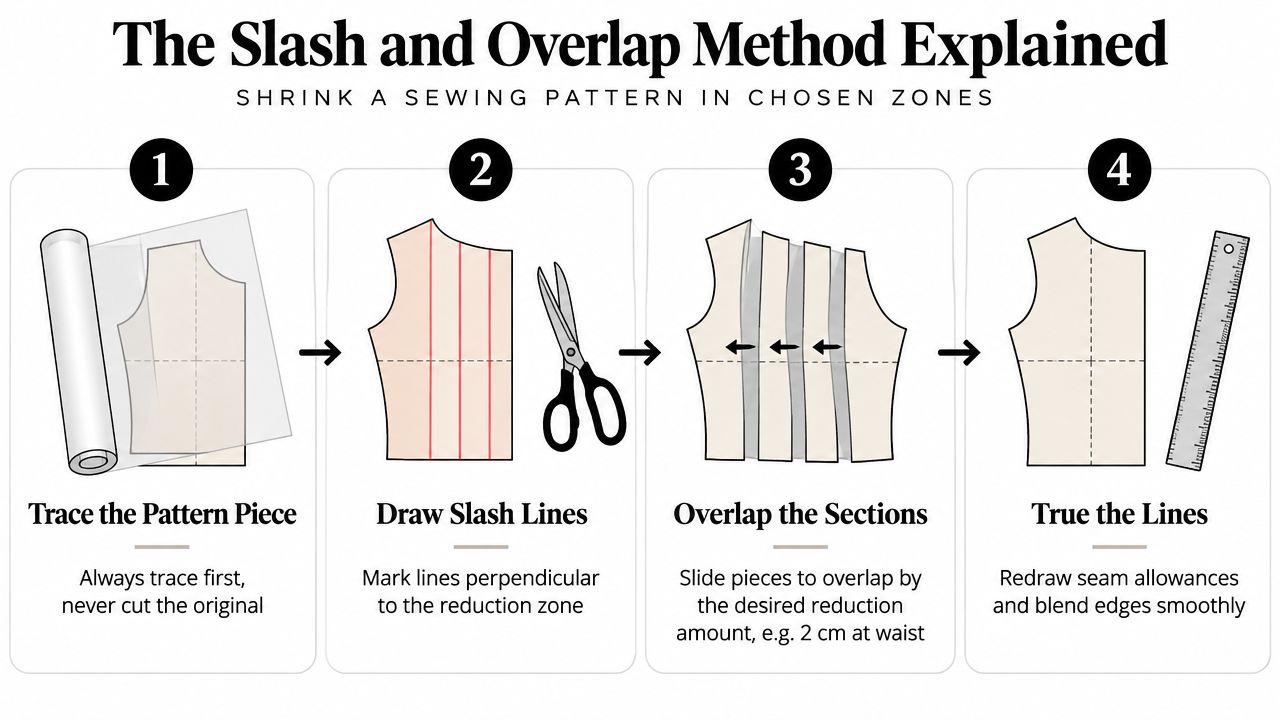 A four-step graphic tutorial showing how to use the slash and overlap method to shrink sewing patterns.
