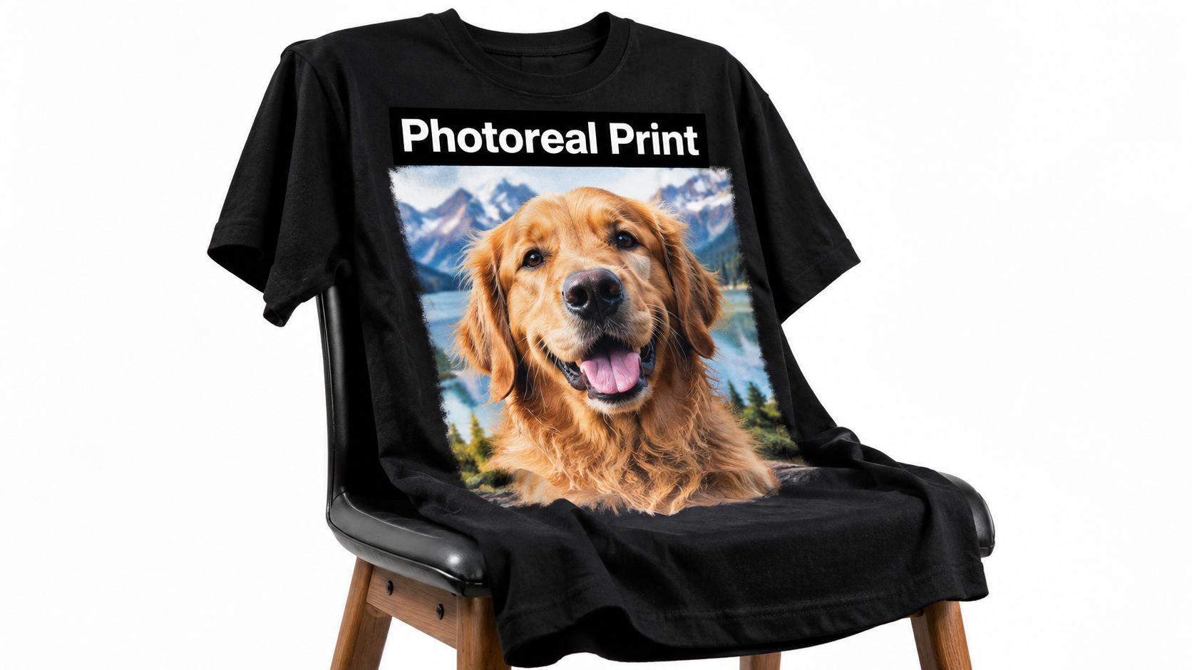 A black t-shirt featuring a photorealistic golden retriever print draped over a modern black chair.
