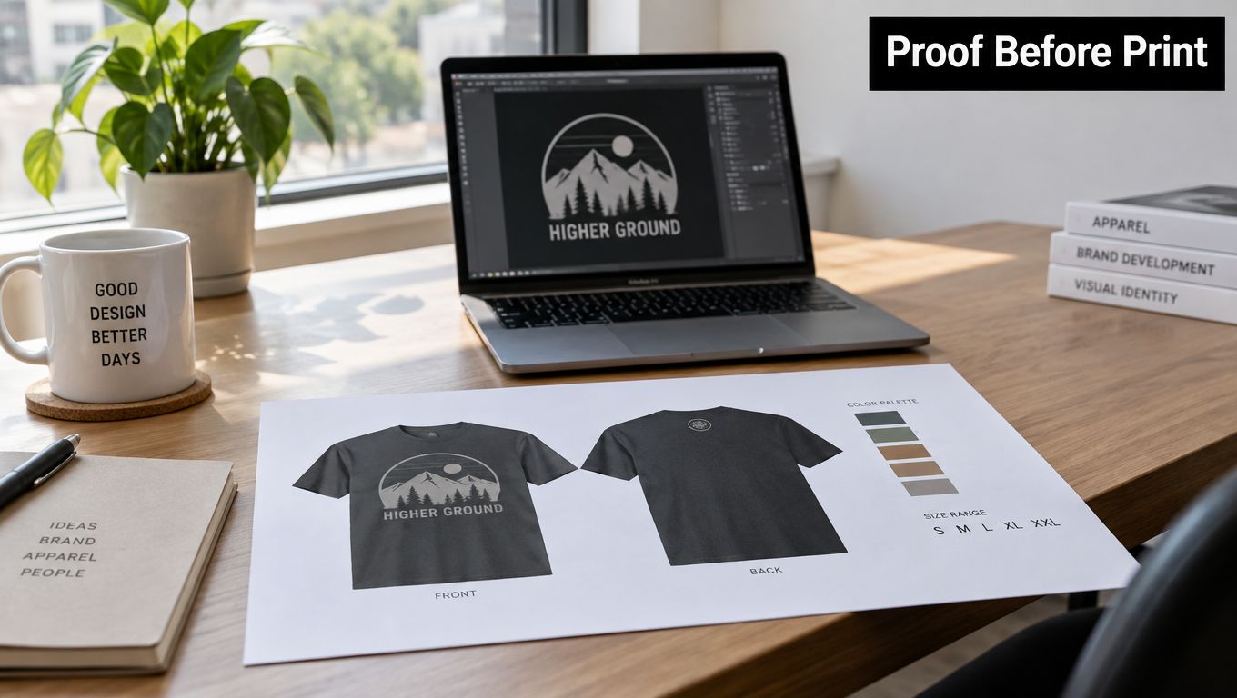 A professional desk setup featuring a laptop with logo design software, coffee, and a shirt printing proof.