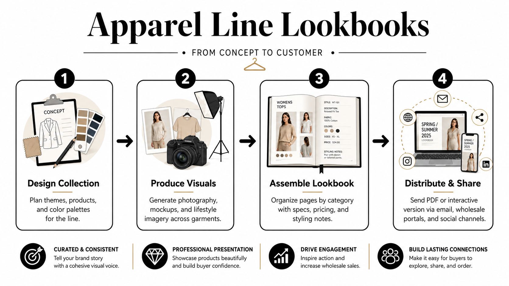 A four-step infographic illustrating the professional apparel line lookbook creation process from initial concept to final distribution.