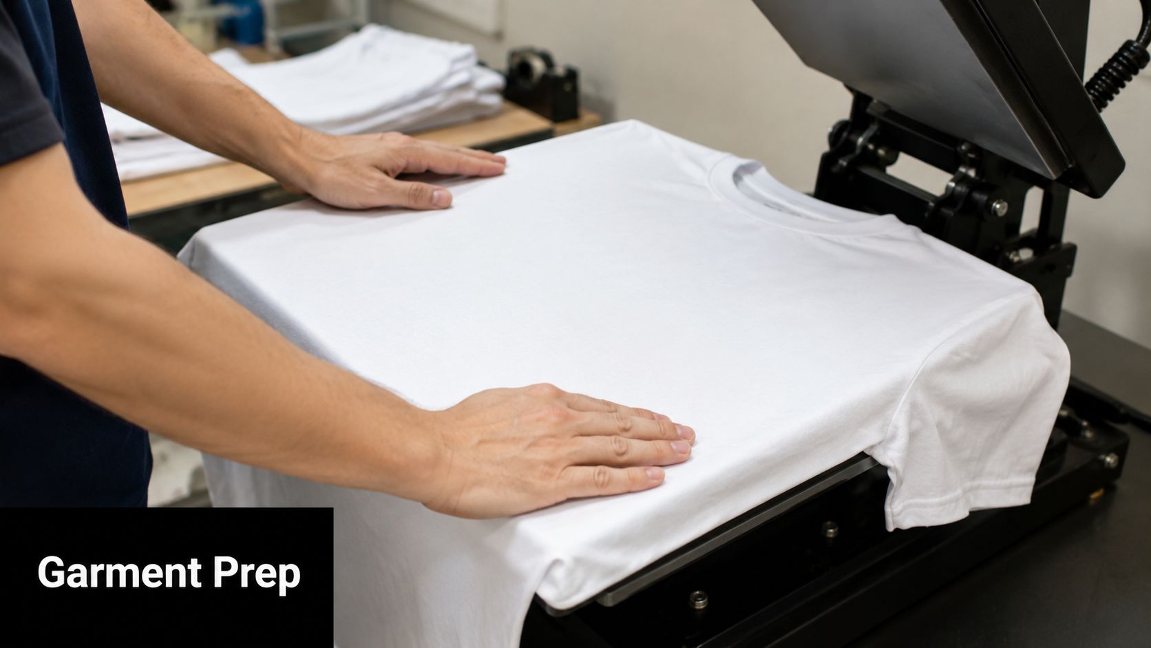 A person preparing a plain white t-shirt on a heat press machine for garment printing
