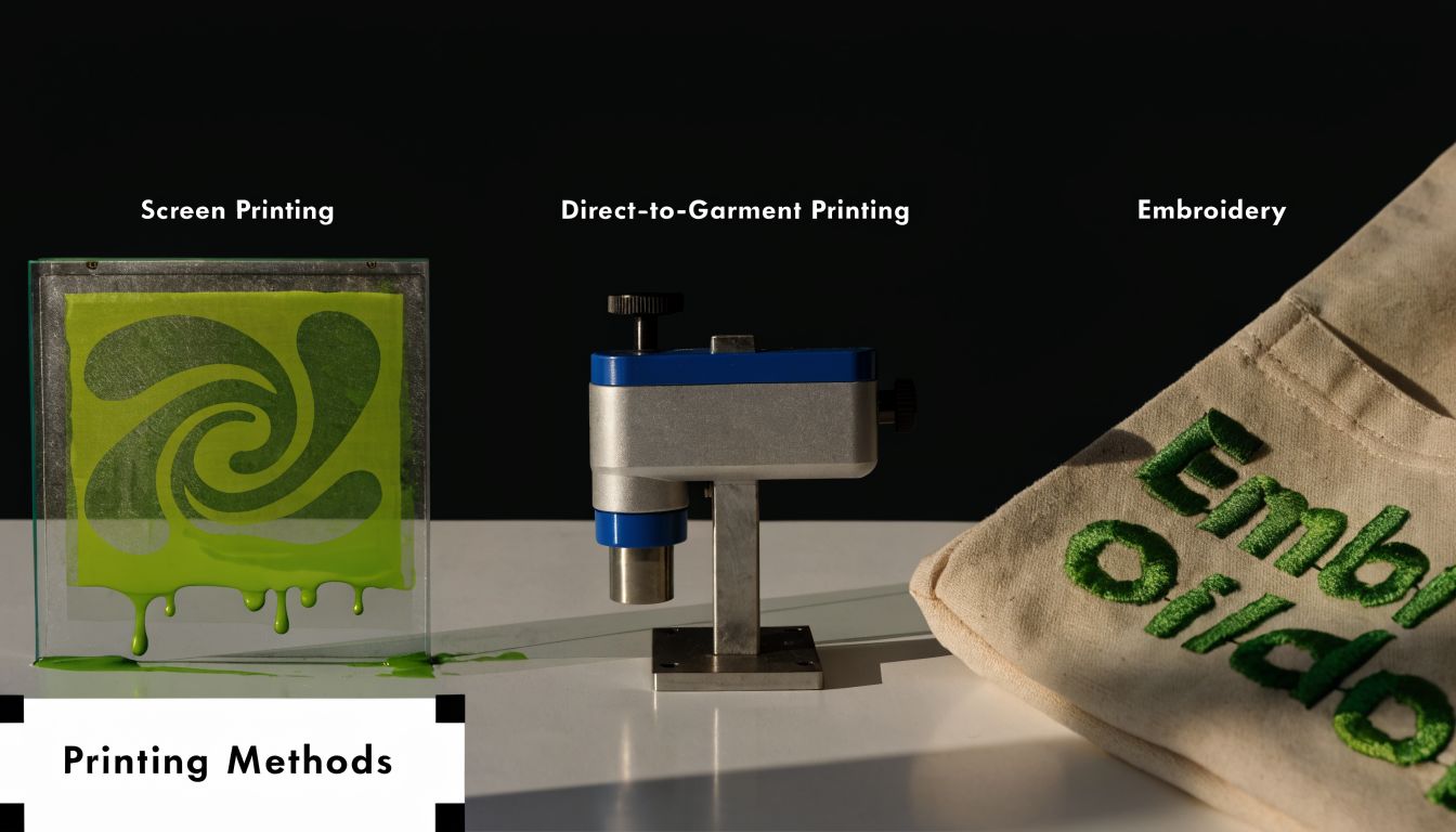 Visual comparison showcasing screen printing, direct-to-garment printing, and embroidery techniques on a white studio surface.