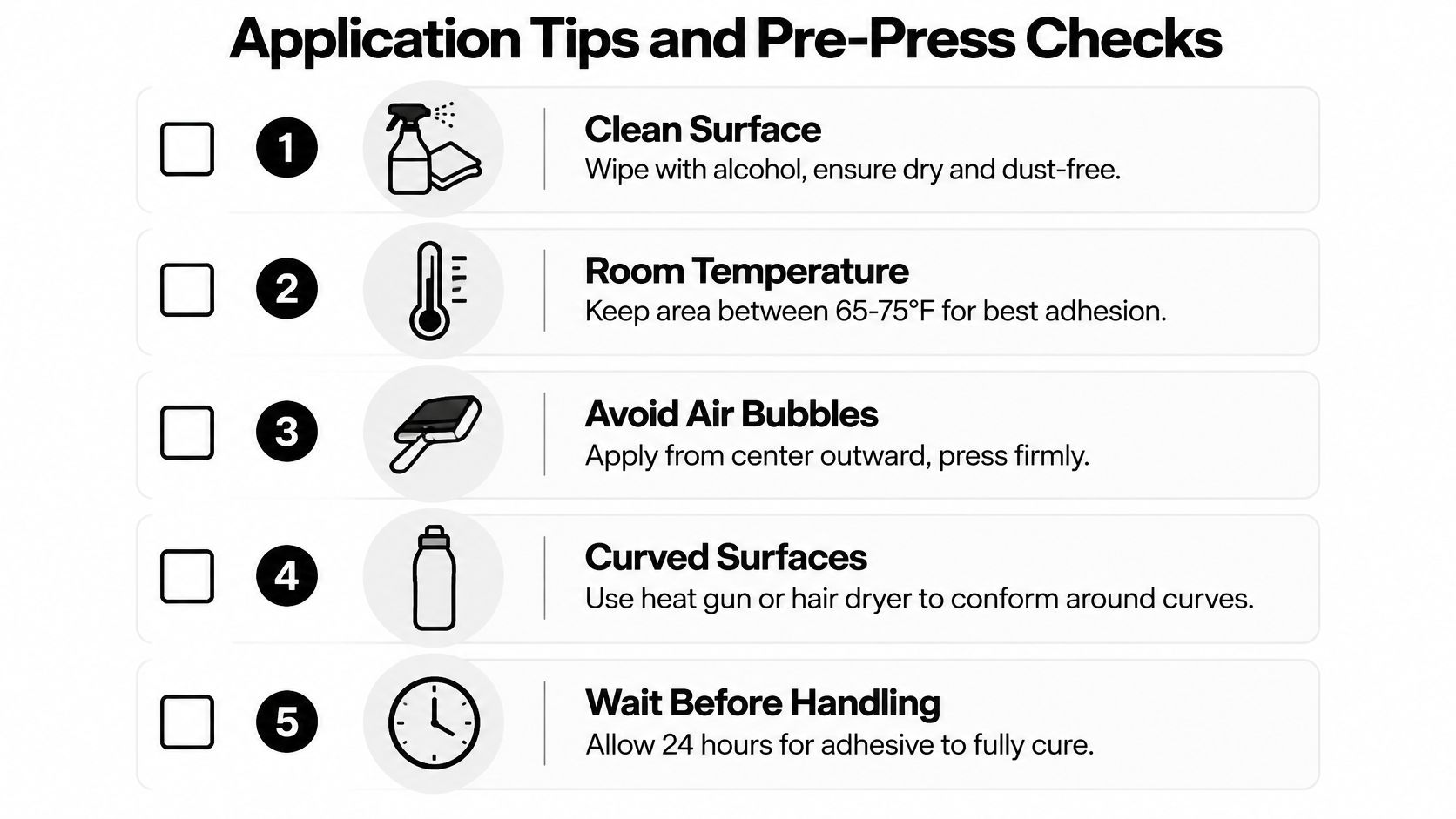 A checklist guide displaying five essential tips for correctly applying stickers to various surfaces and objects.
