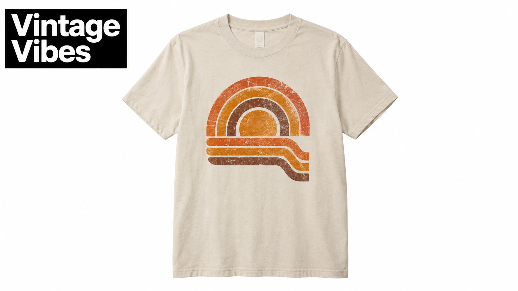 A beige t-shirt featuring a retro sun graphic with orange and brown distressed curved stripes.