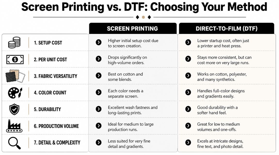 A comparison chart highlighting the key differences between screen printing and DTF printing methods for apparel.