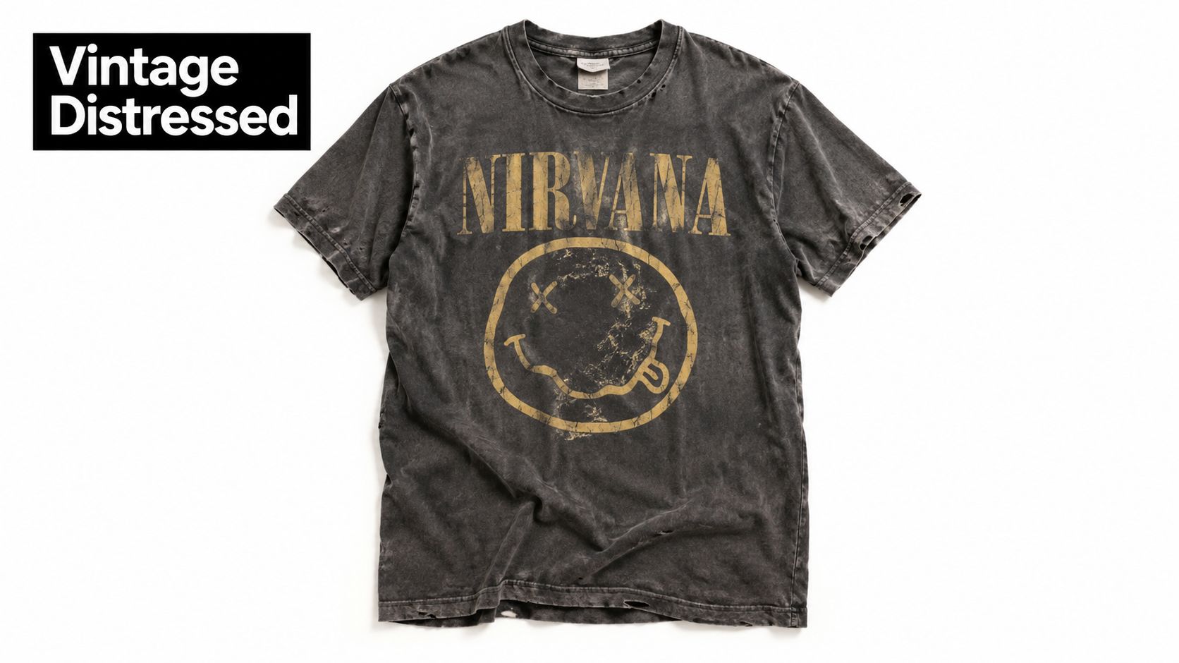 A vintage distressed black Nirvana t-shirt featuring the iconic band logo and yellow smiley face graphic.