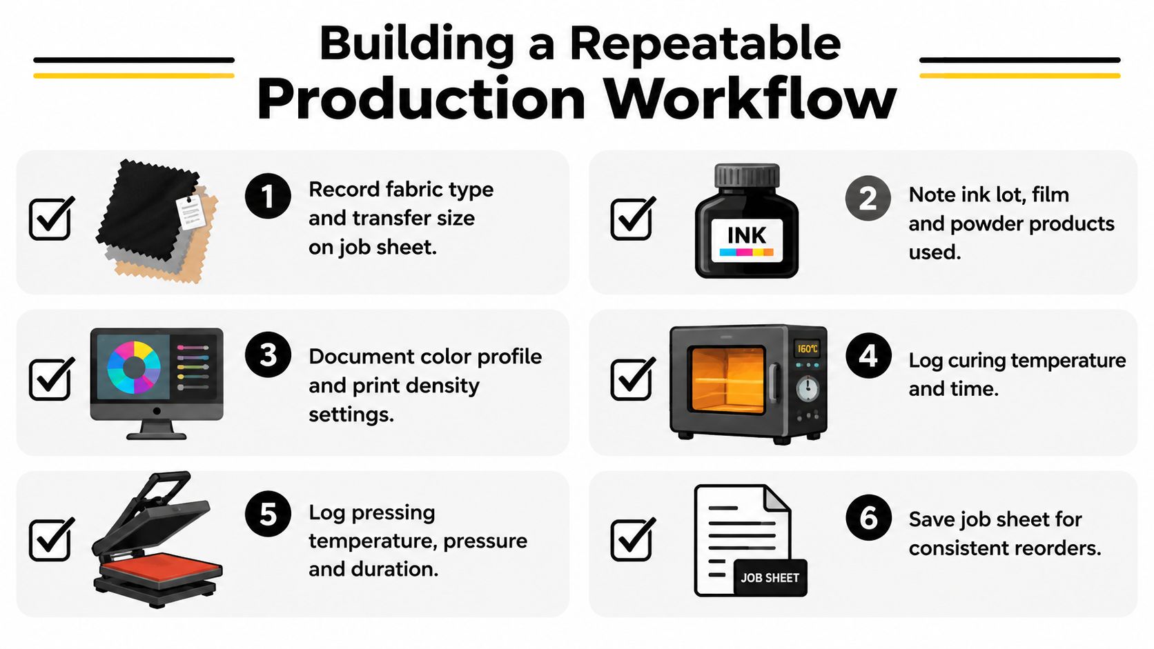 A six-step infographic titled Building a Repeatable Production Workflow for professional digital transfer printing processes.
