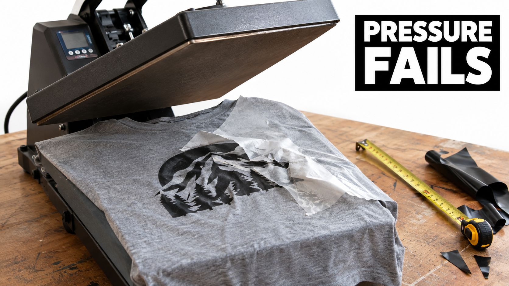 A gray t-shirt with a mountain graphic design on a heat press machine with a tape measure.