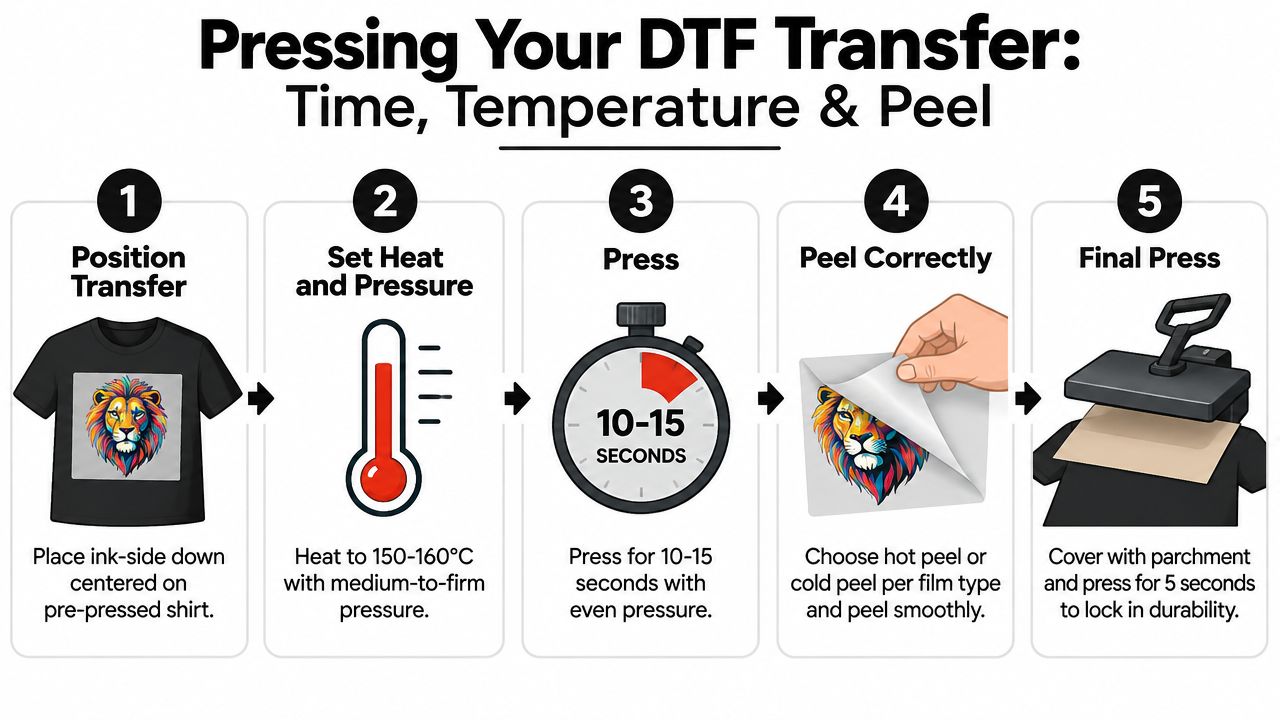 A step-by-step instructional infographic showing how to apply a DTF transfer to a t-shirt using a heat press.