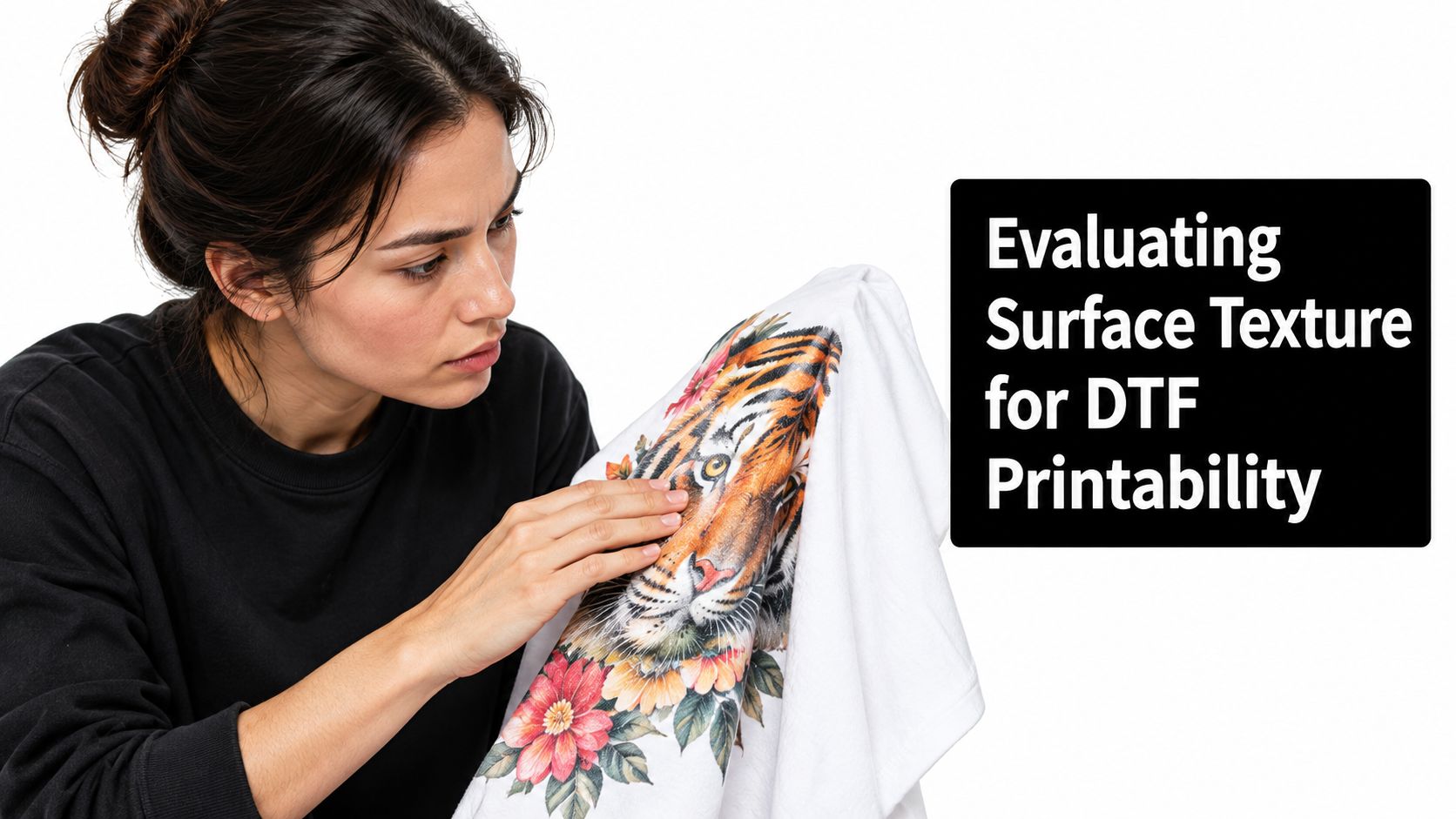A woman examining the texture of a white t-shirt printed with a detailed tiger and flower design.