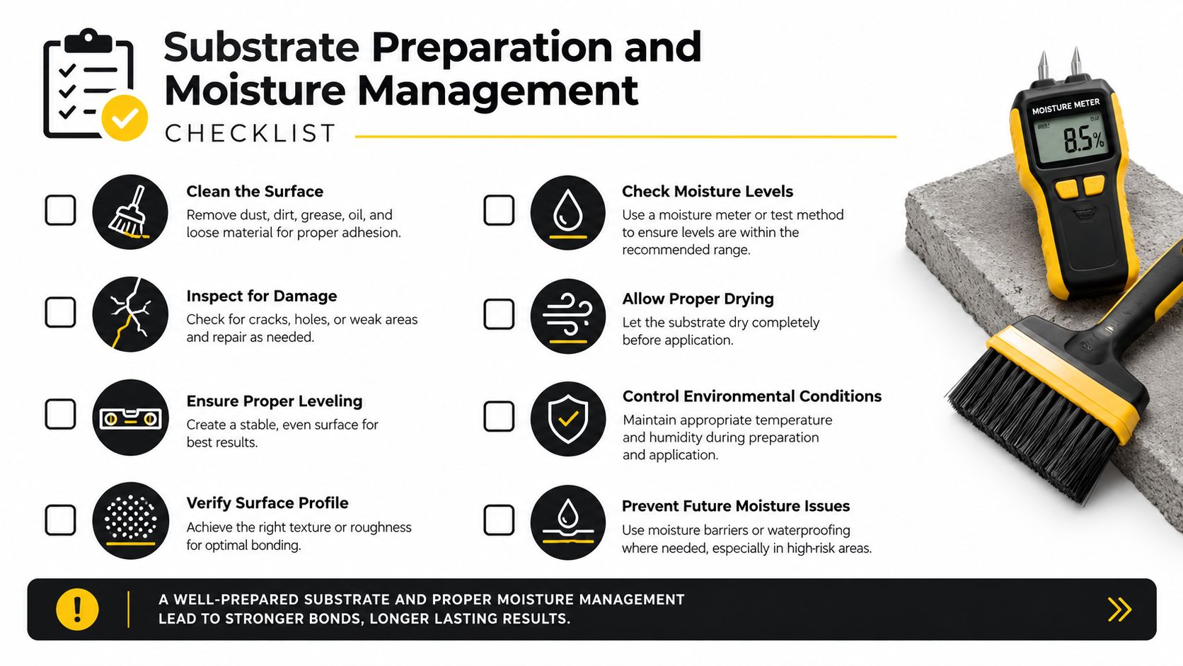A substrate preparation and moisture management checklist for construction, featuring tools like a moisture meter and brush.
