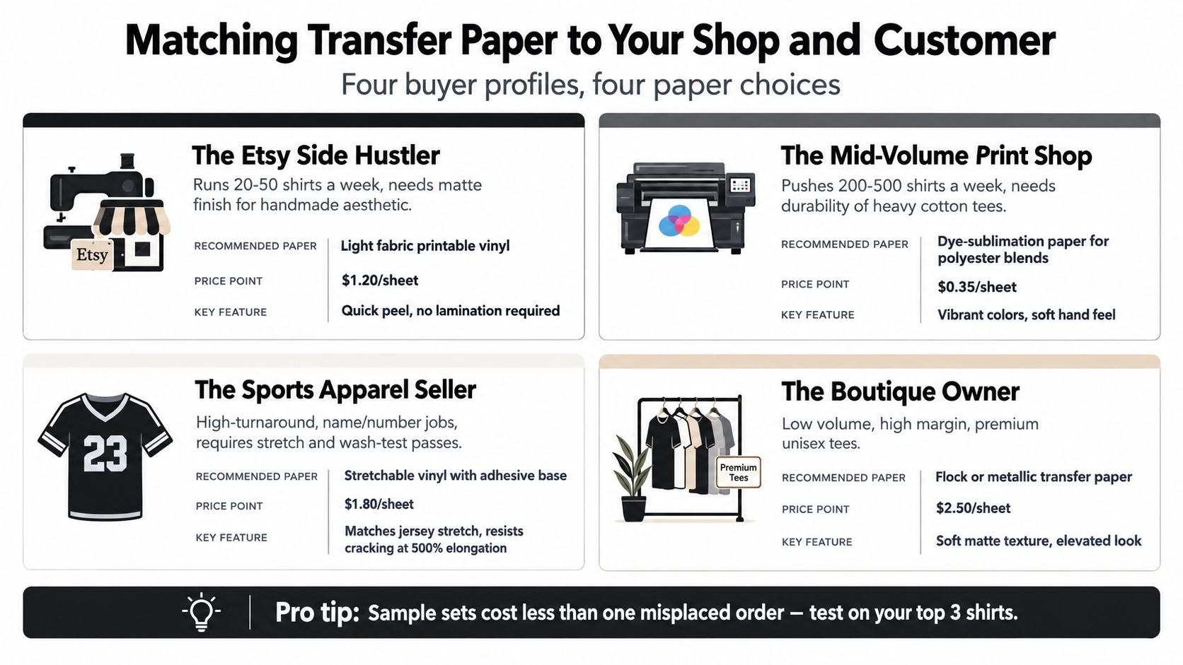 A helpful infographic comparing four types of transfer paper suitable for different apparel printing business models.