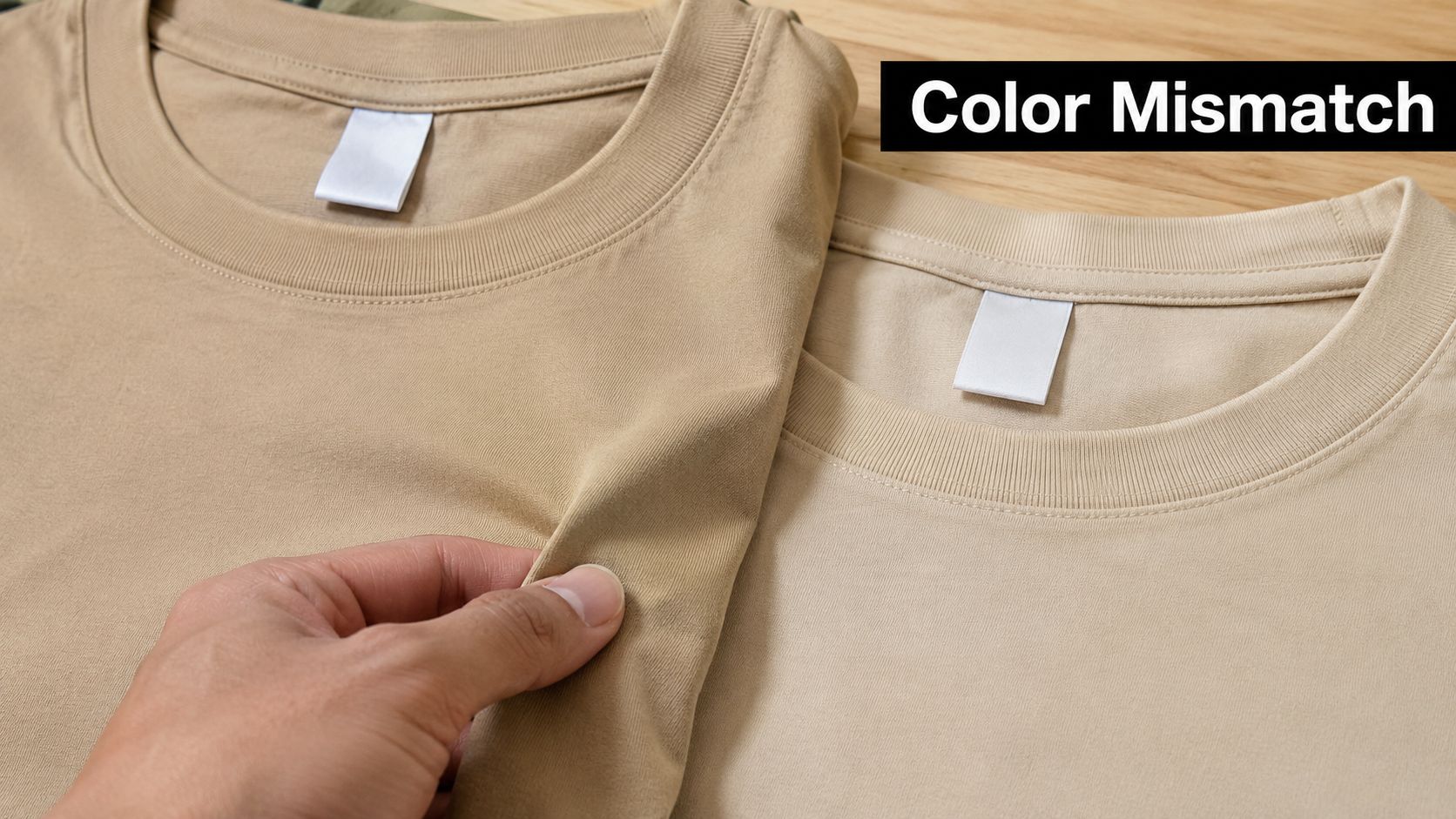 A close-up view showing a color mismatch between two beige t-shirts of different shades.