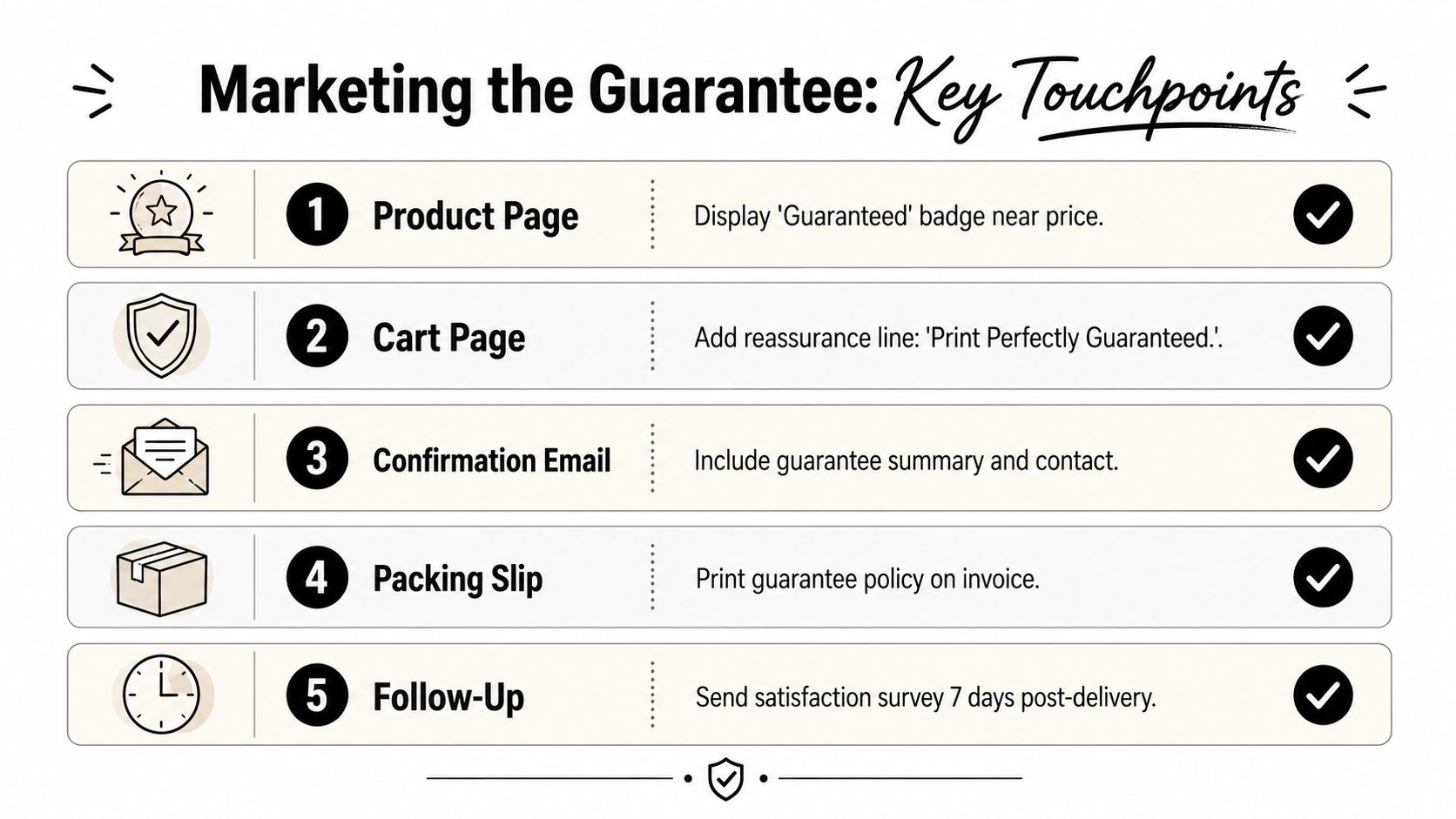 An infographic showing five key touchpoints for marketing a customer satisfaction guarantee to improve user experience.