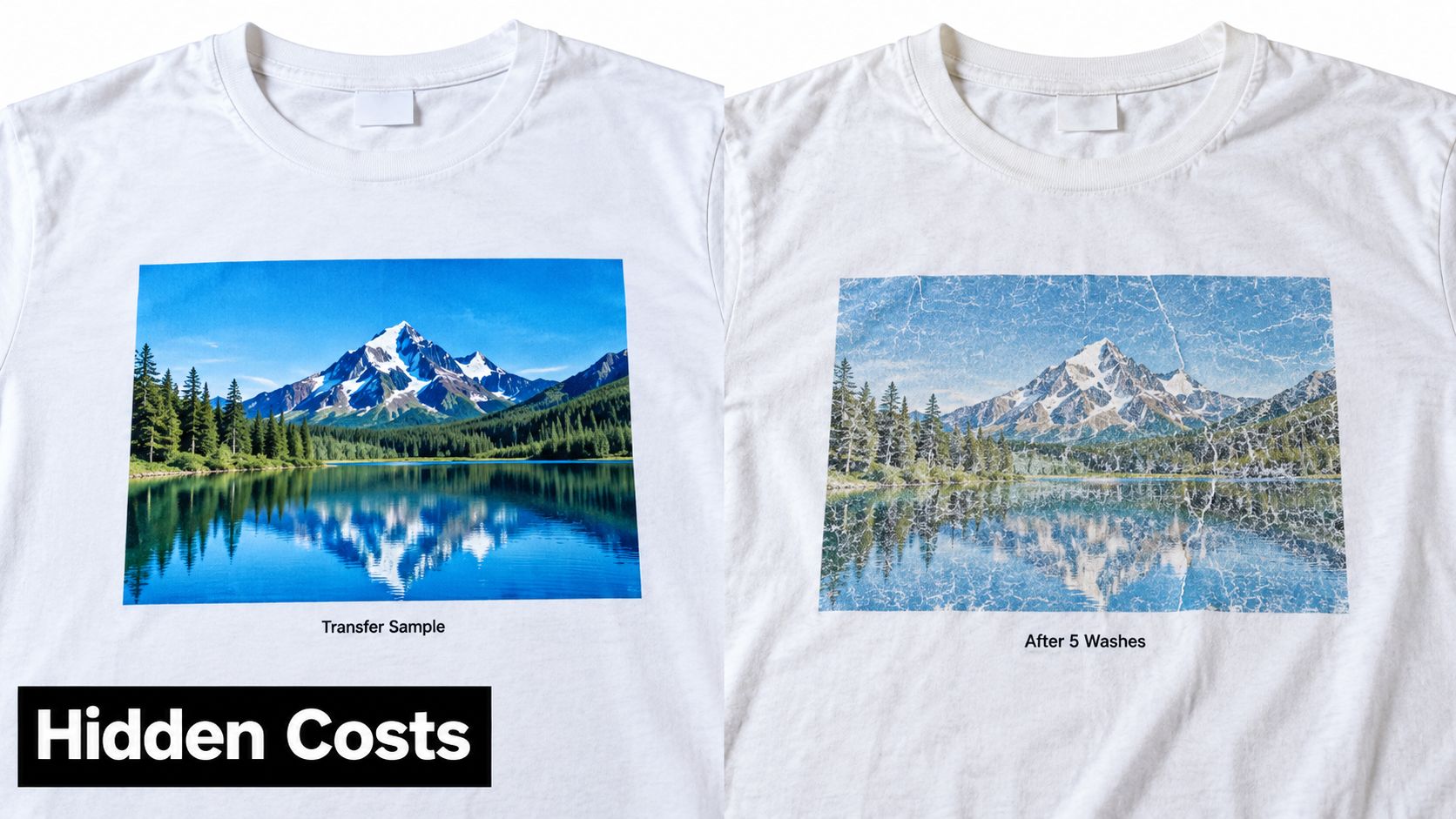 A comparison of a custom t-shirt print before and after five washes, demonstrating quality degradation.