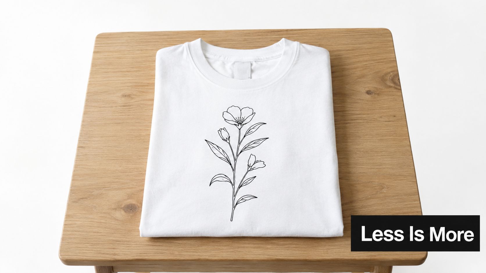 A neatly folded white t-shirt featuring a delicate black line art floral design on a wooden table.