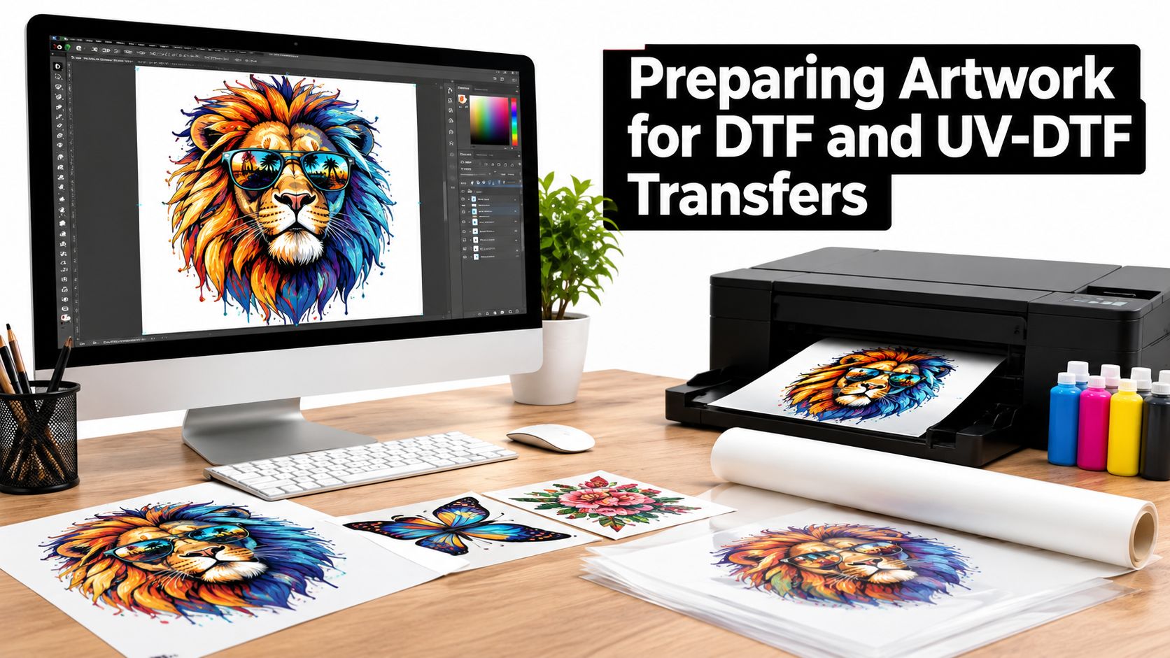 A professional graphic design workstation showing digital artwork of a colorful lion being prepared for DTF transfers.