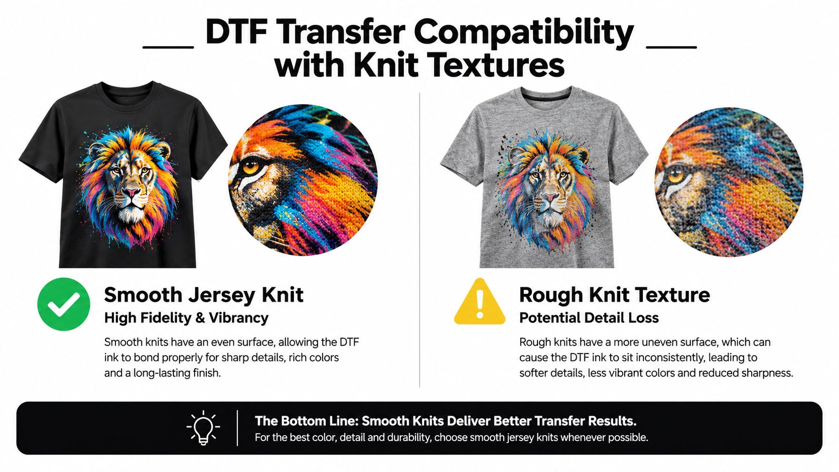 An educational infographic comparing DTF transfer print quality on smooth jersey versus rough knit textured fabrics.
