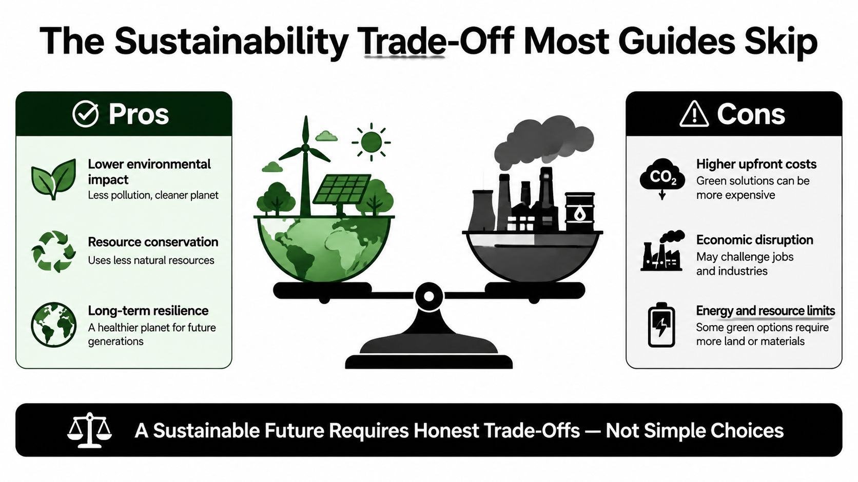 An infographic illustrating sustainability trade-offs, comparing environmental benefits against economic and resource costs on a balance scale.