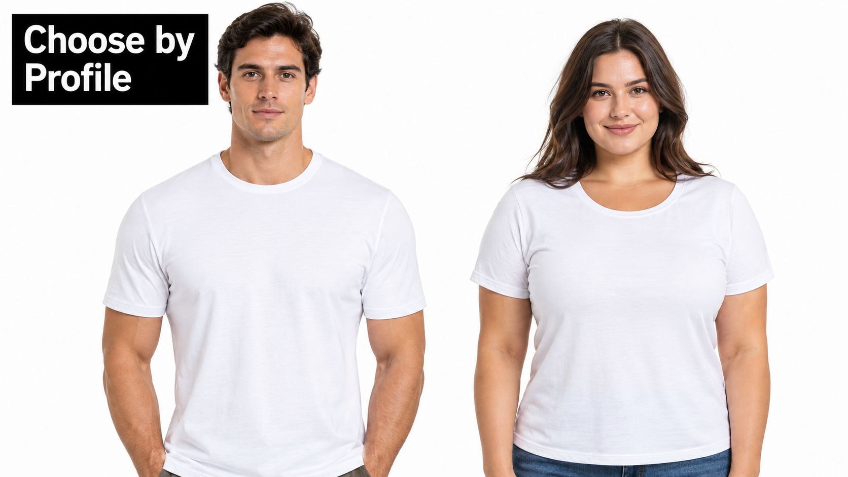 A man and a woman modeling white t-shirts against a clean white background in a studio setting.