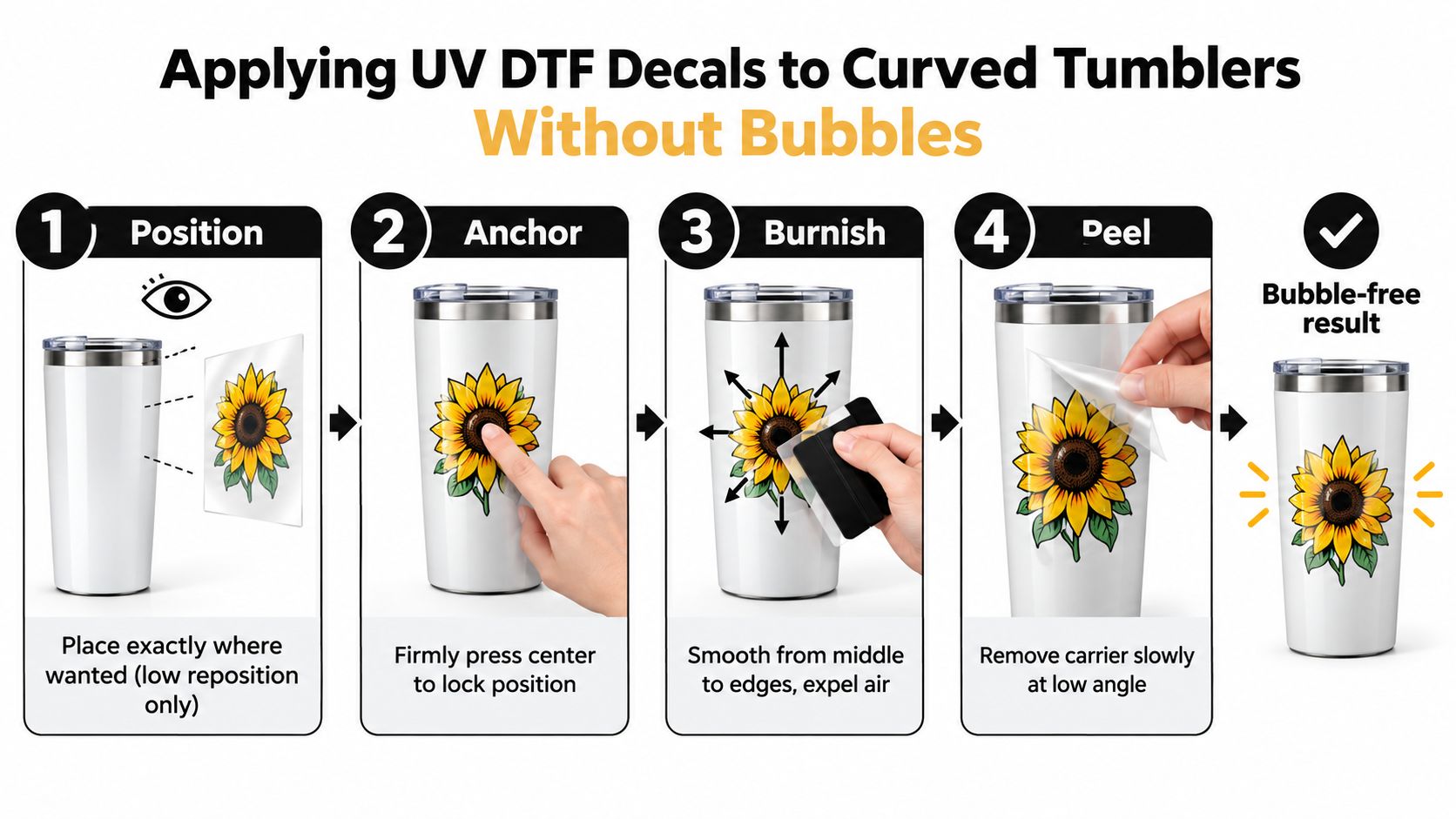 A step-by-step instructional graphic showing how to apply UV DTF decals to a curved tumbler.
