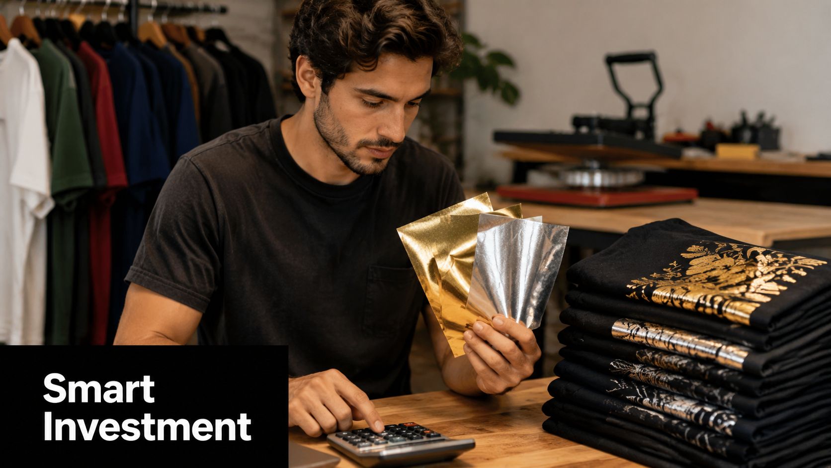 A craftsman examines gold and silver metallic dtf transfer sheets while using a calculator for business planning.