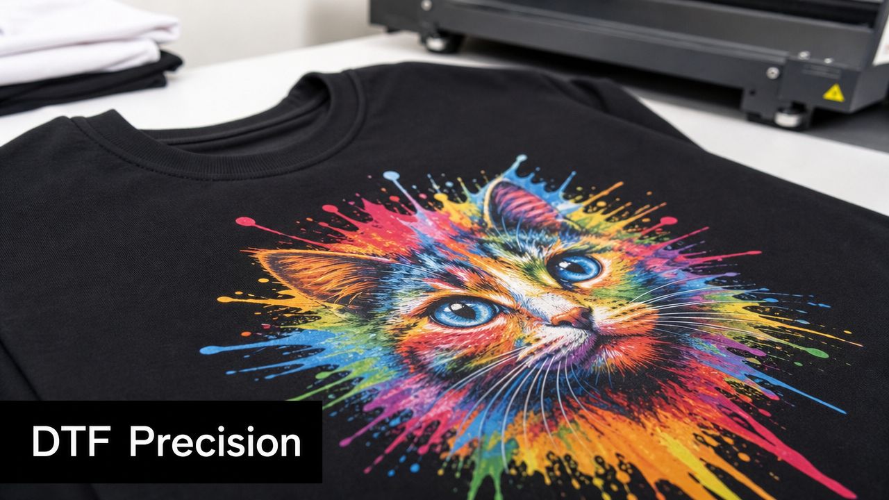 A close-up view of a black t-shirt featuring a vibrant, multicolored paint splash cat design.