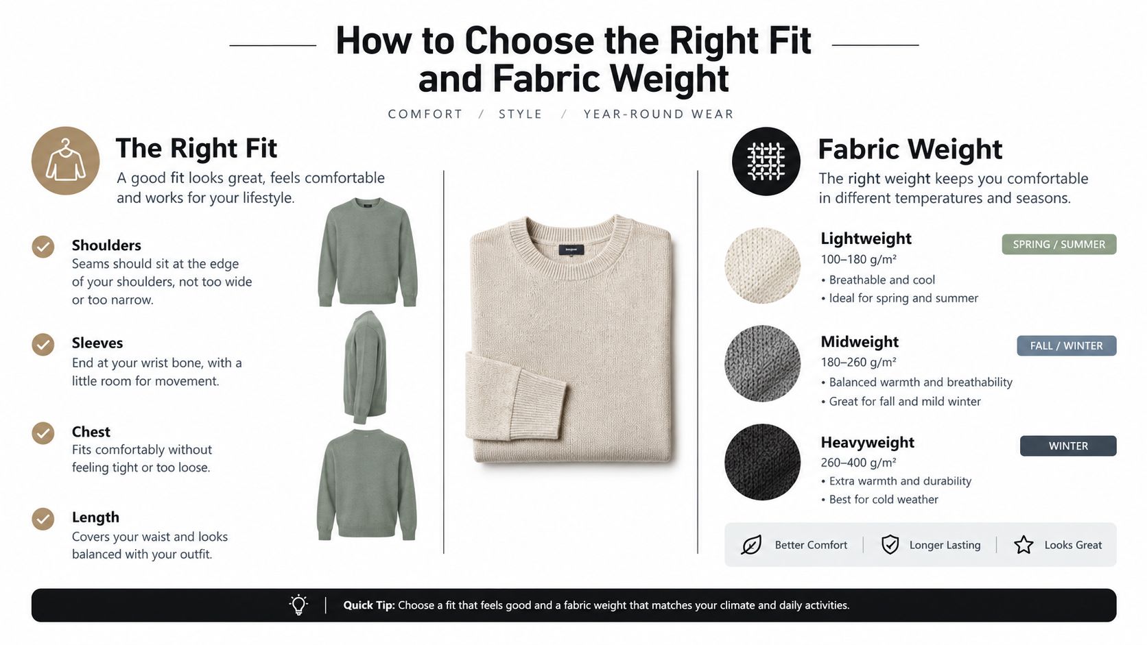 An infographic guide explaining how to choose the right fit and fabric weight for crewneck sweaters.