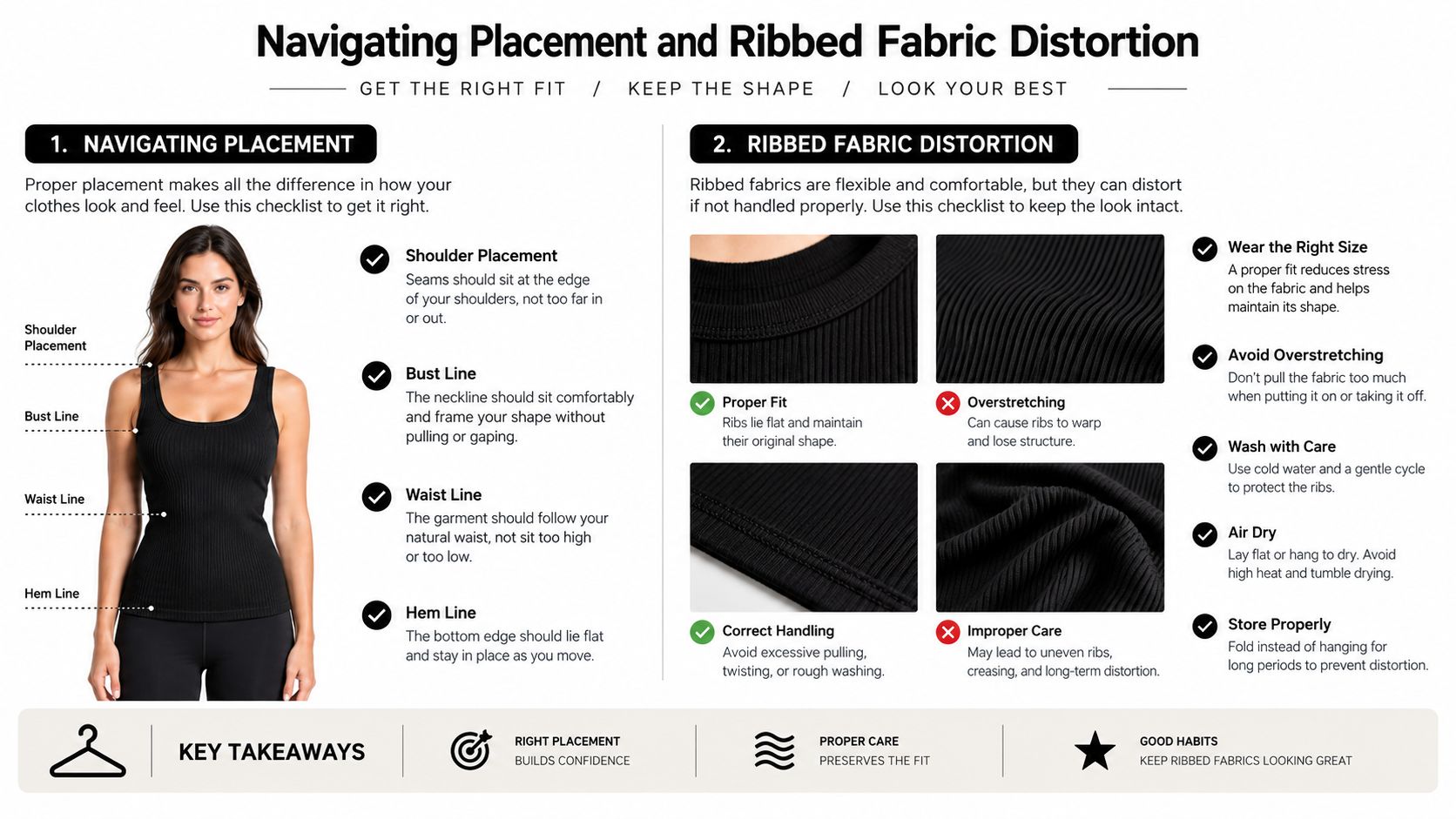 An infographic guide explaining proper clothing fit and care instructions to prevent ribbed fabric distortion.