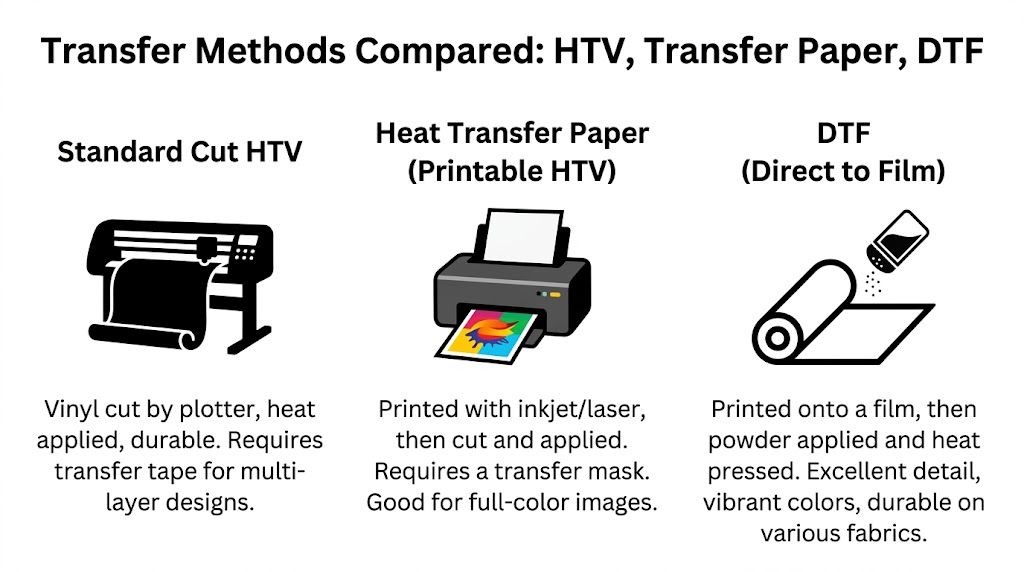 A comparison chart showing three common printing methods: standard cut HTV, heat transfer paper, and DTF.