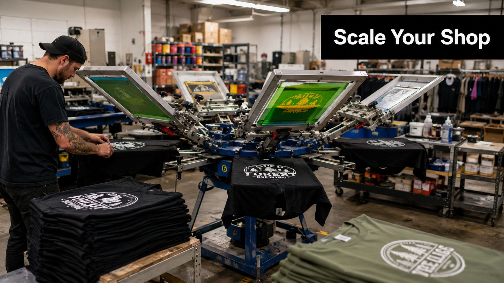 A professional screen printer operates a multi-station rotary press in a garment printing shop environment.