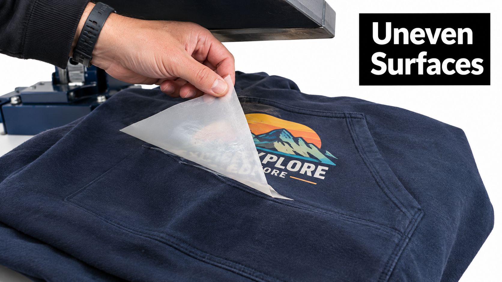 A hand peeling a transparent transfer sheet off a custom mountain graphic design on a hoodie.