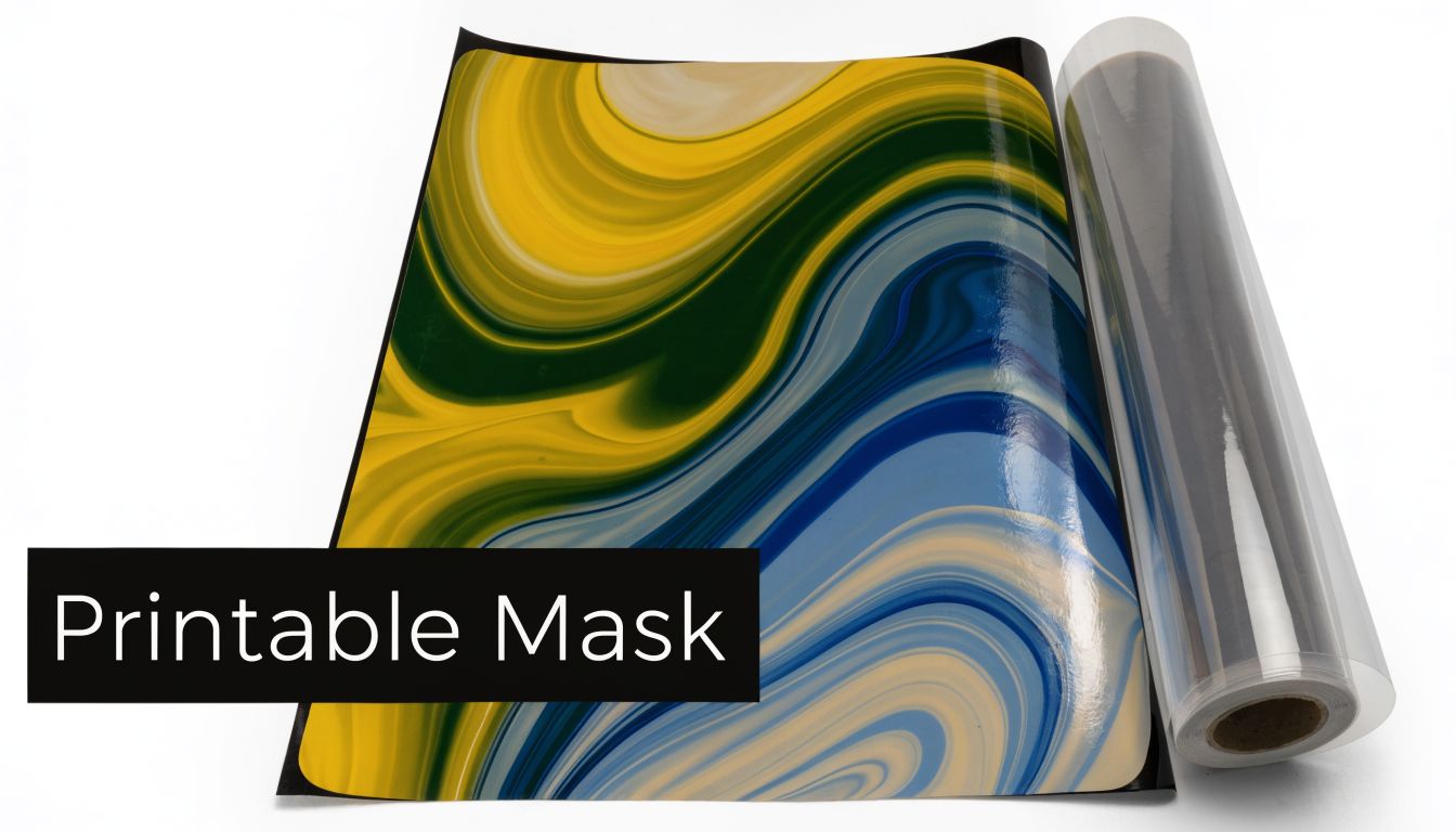 A roll of adhesive transfer paper featuring a colorful marble pattern of yellow, green, and blue swirls.