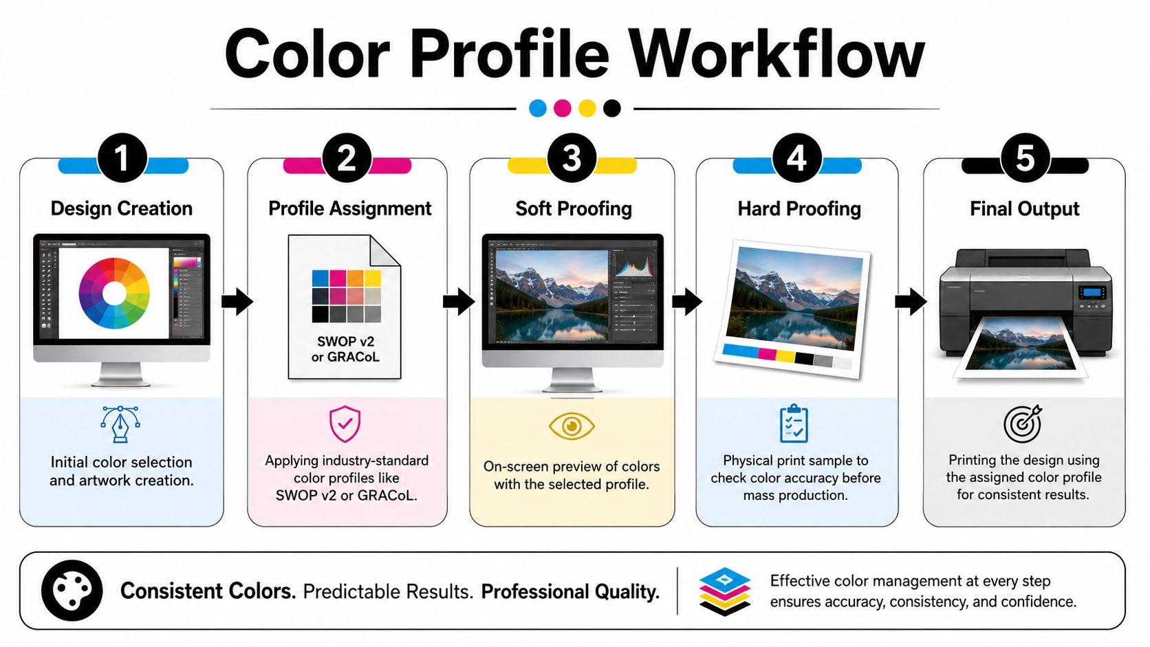 A five-step infographic illustrating the professional color profile workflow for consistent print production and management.