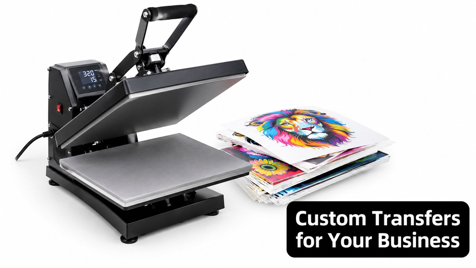 A professional heat press machine placed next to a stack of colorful custom graphic transfer sheets.